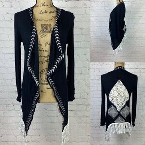 Leshop Crinkly Embroidered Lace Back Fringe Cardigan